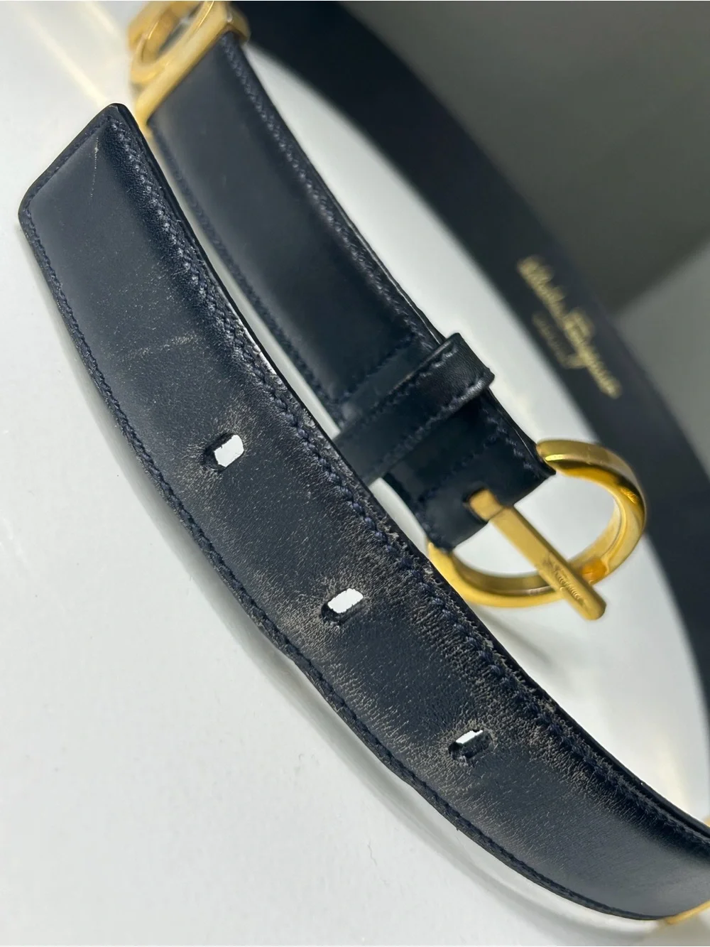 Salvatore Ferragamo Navy Blue Gancini Belt w Gold Buckle 30.5”L